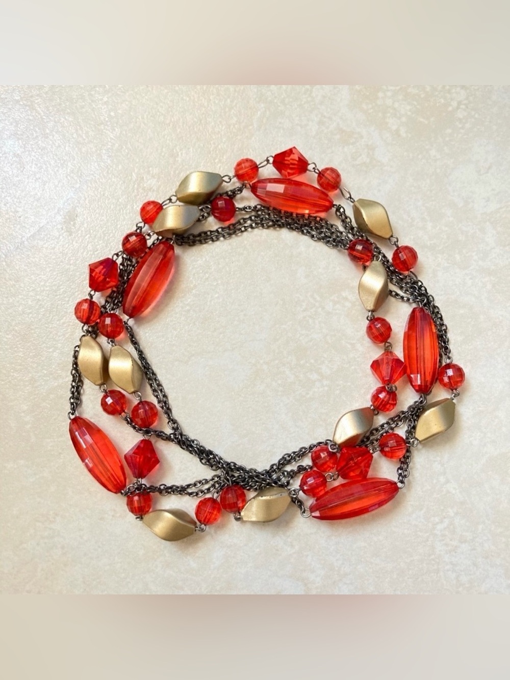 *BRAND NEW* Women’s Bright Red And Gold Beaded Multi Strand Layered Necklace